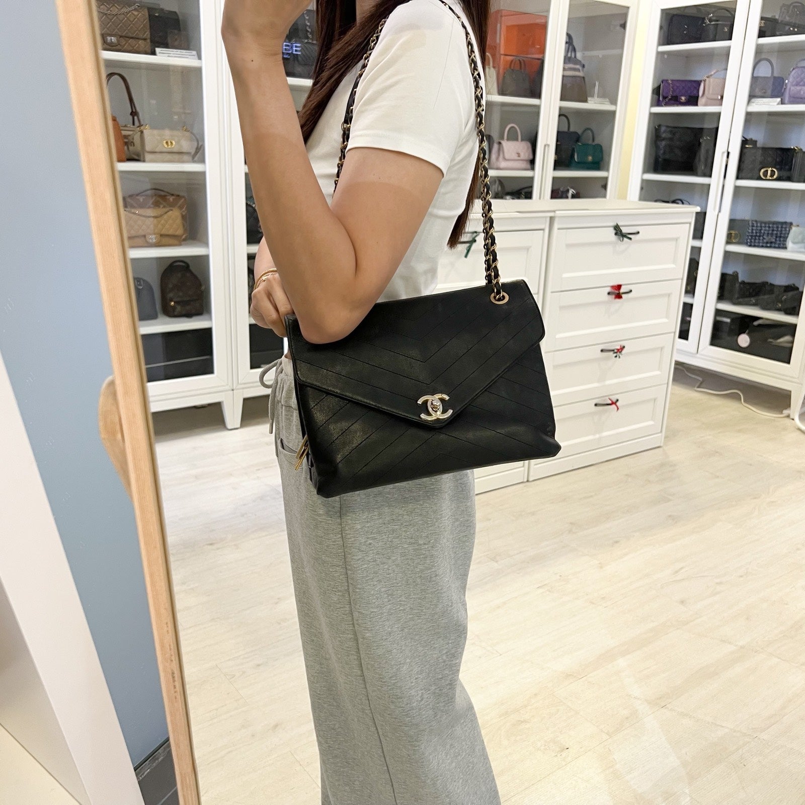 Chanel Medium Envelope Flap Bag in Chevron Quilted Black Calfskin and AGHW