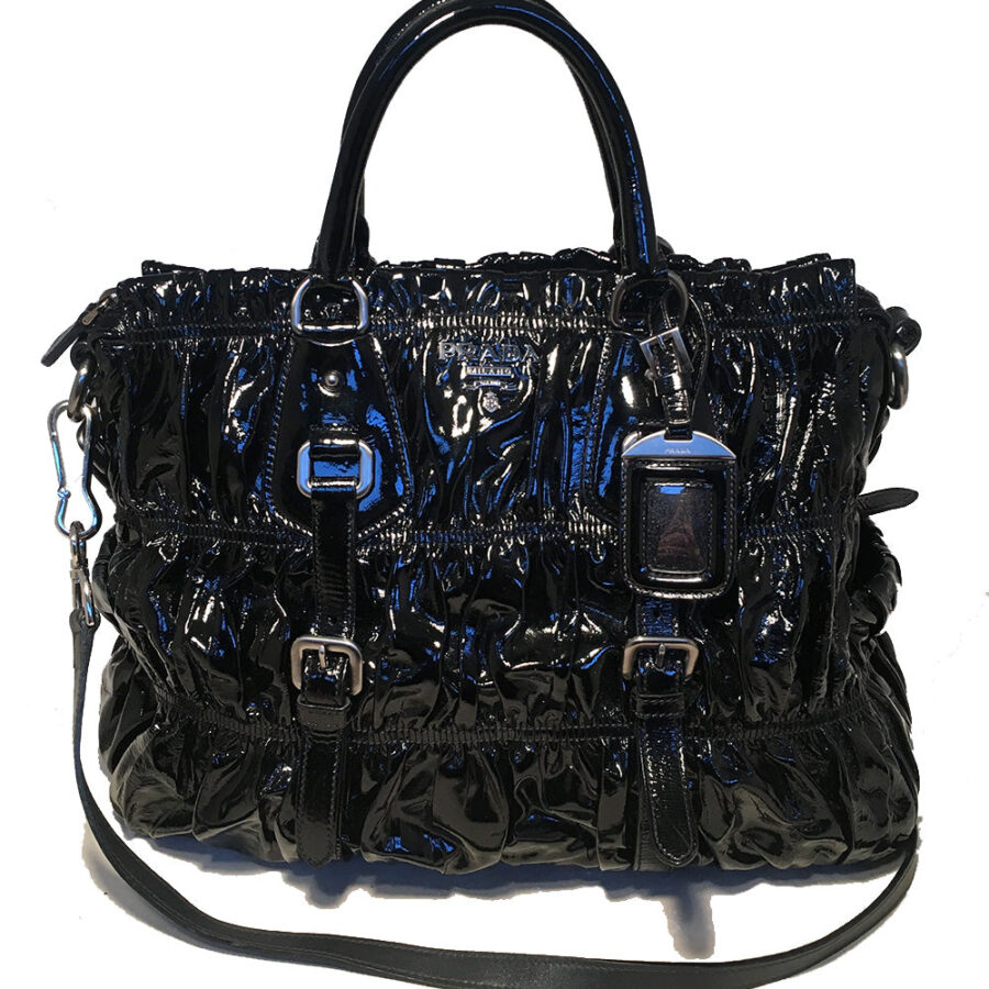 Prada Black Patent Leather Gaufre Ruched Shoulder Bag Tote | Studio Nafay