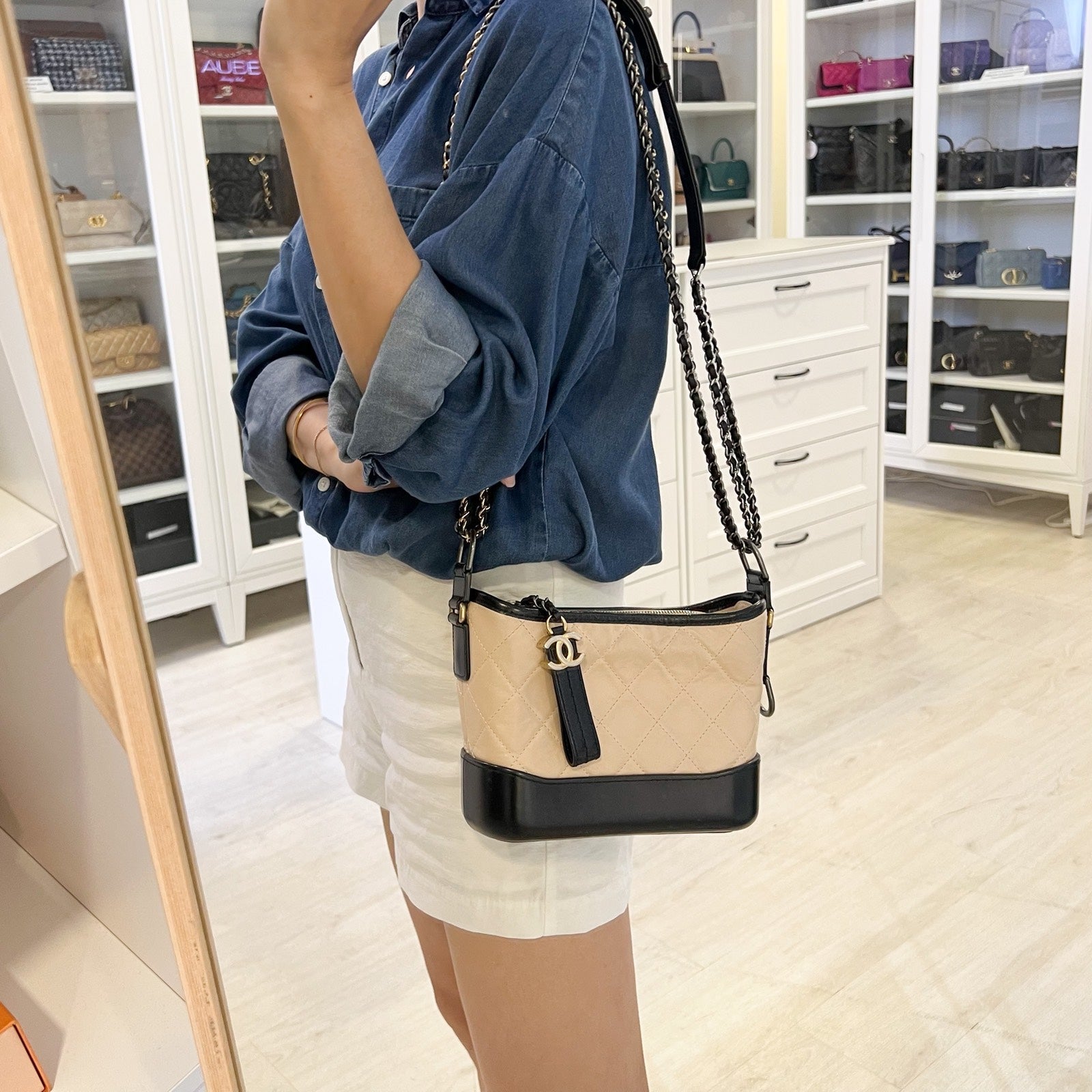 Chanel Small Gabrielle Hobo in Beige Distressed Calfskin, Black Base and 3 Tone HW Shoulder Bag