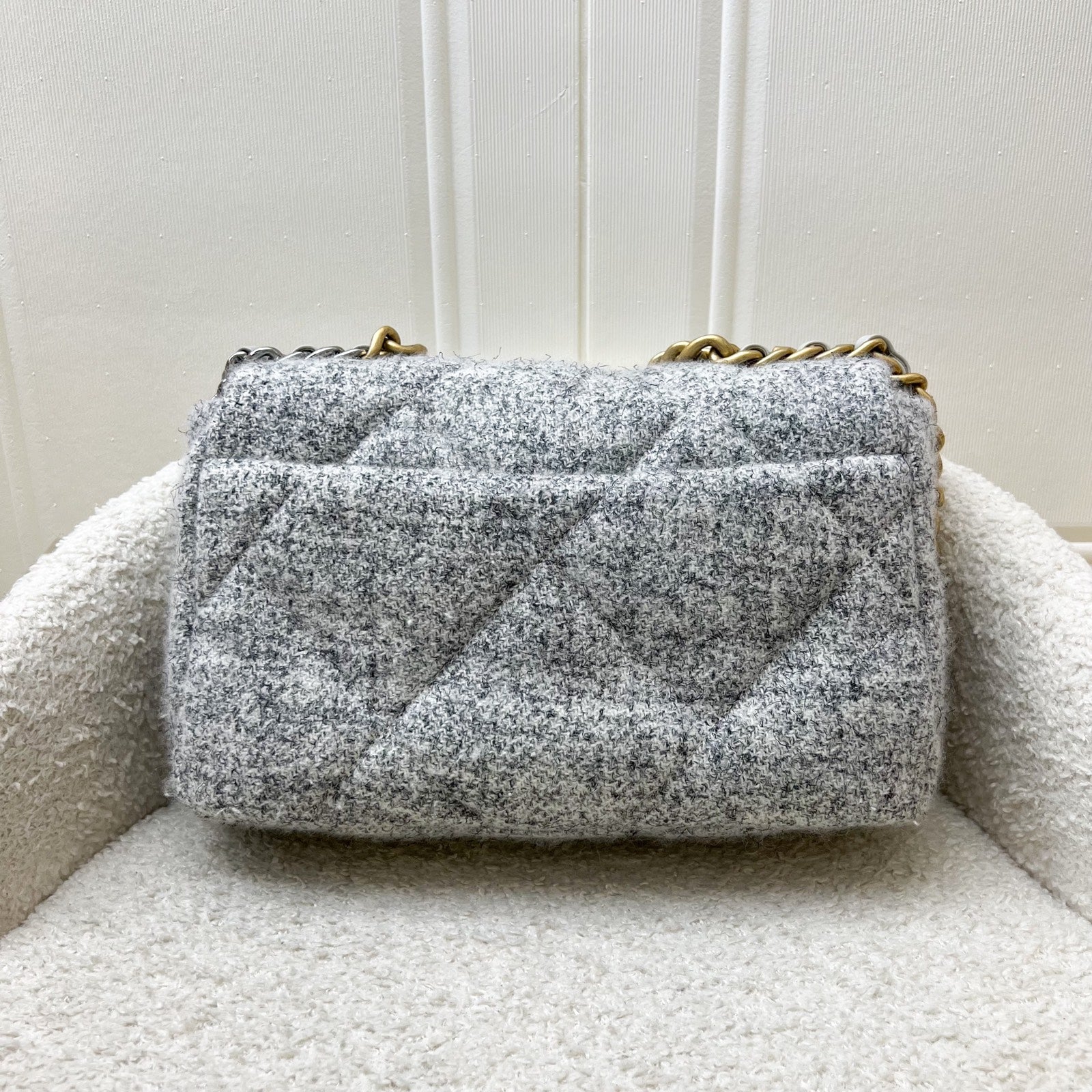 Chanel 19 Small Flap Bag in Light Grey Tweed and 3-Tone HW
