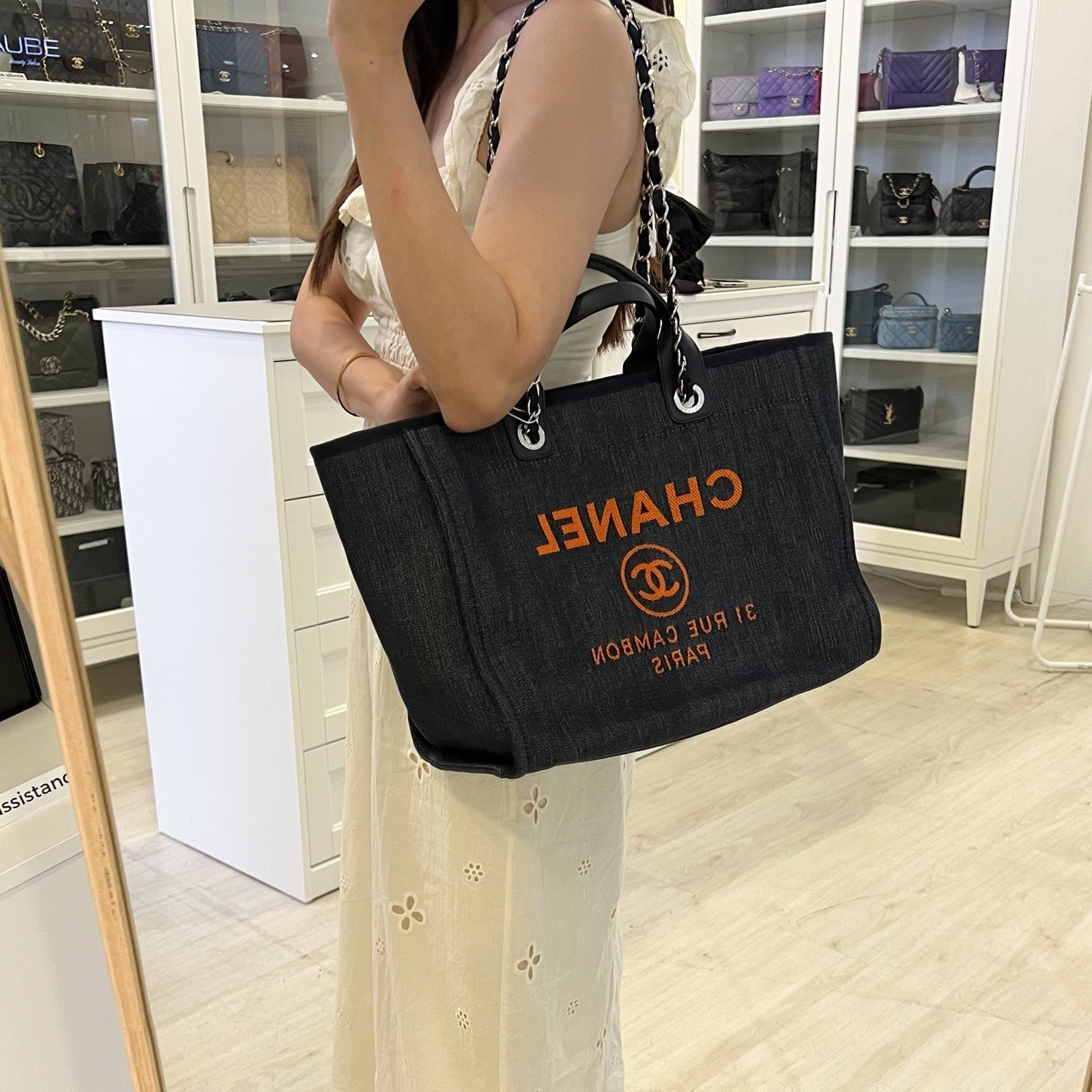 Chanel Medium / Large Deauville Tote in Fabric, Navy Leather Trim and SHW (Model: )