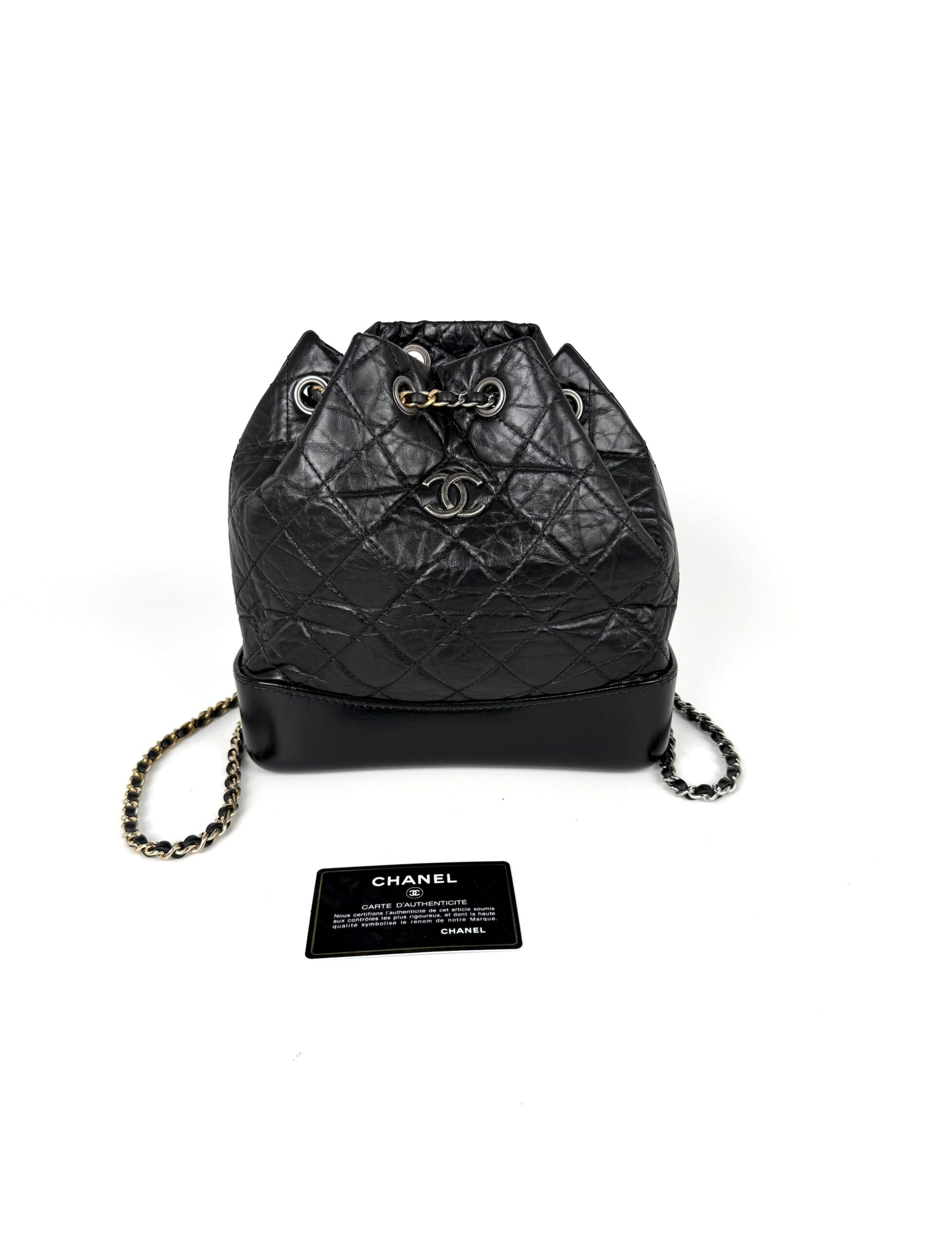 CHANEL Gabrielle Small Quilted Aged Calfskin Leather Black Backpack Bag