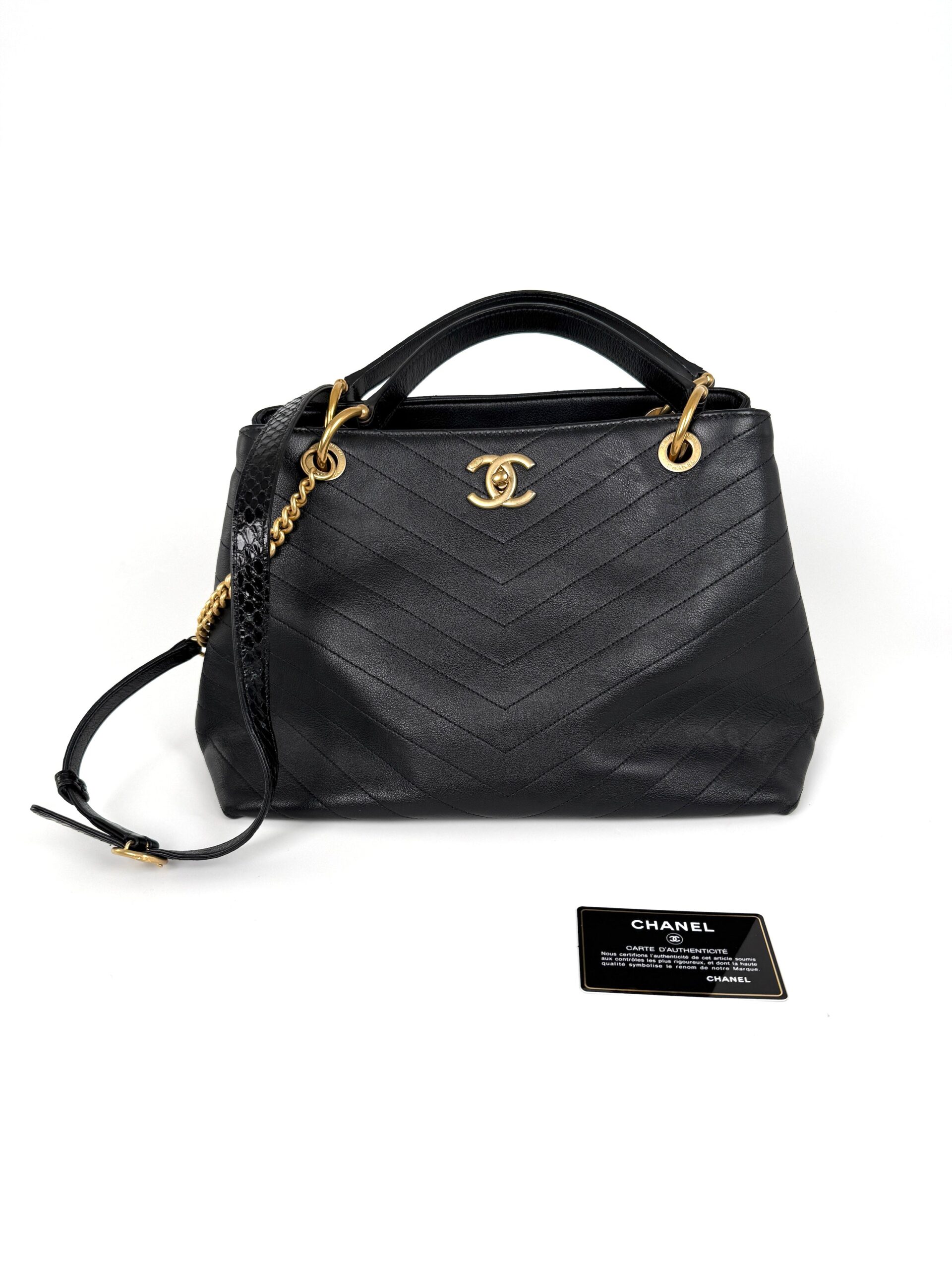 CHANEL Large Chevron Stitched Chic Shopping Black Calfskin Leather Snakeskin Tote Bag