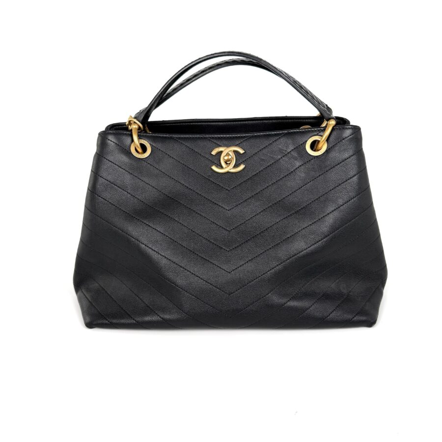 CHANEL Large Chevron Stitched Chic Shopping Black Calfskin Leather Snakeskin Tote Bag | Studio Nafay