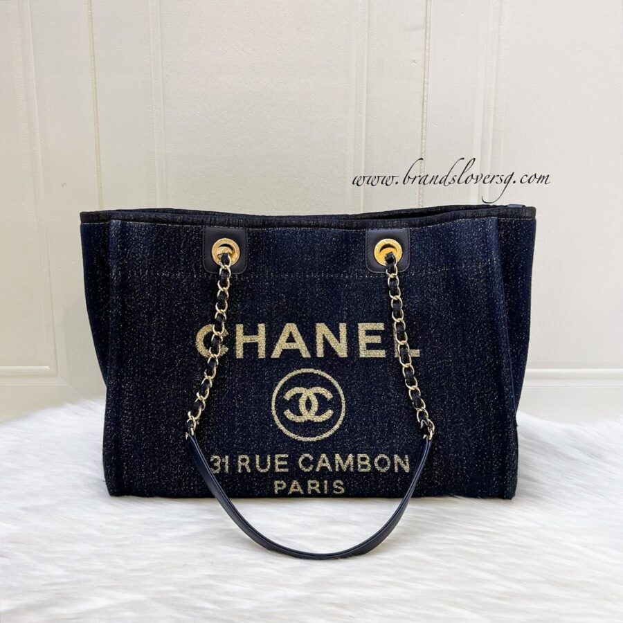 Chanel Deauville Medium Tote in Navy Fabric, Glittery Threading and LGHW | Studio Nafay