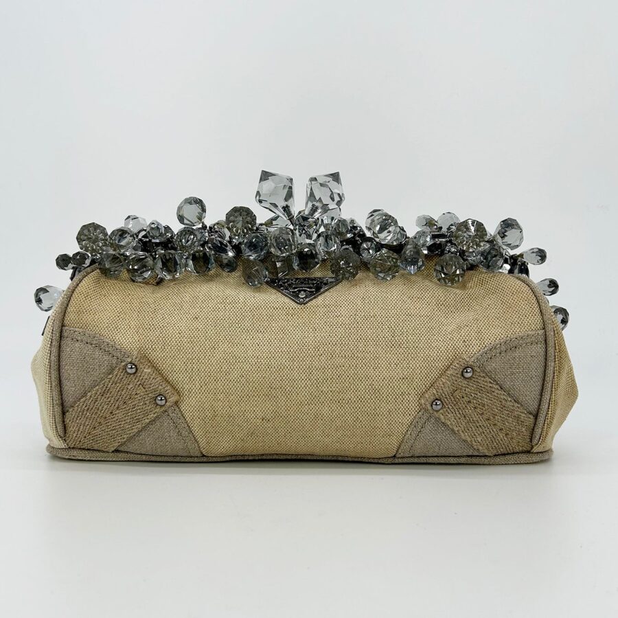Prada Mistolino Natural Canvas Crystal Beaded Top Pochette | Studio Nafay