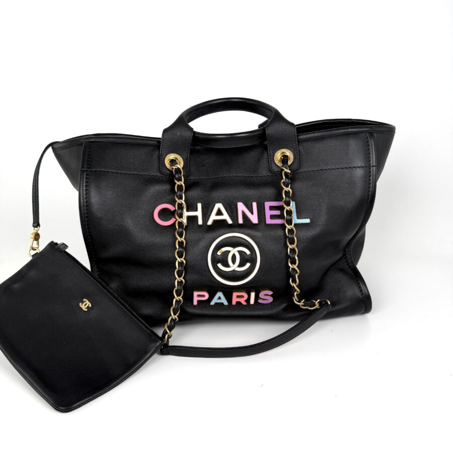 CHANEL Deauville Medium Calfskin Black Multicolor Tote Bag with Pouch | Studio Nafay