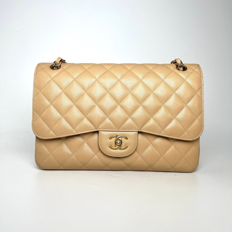 CHANEL Jumbo Classic Double Quilted Caviar Beige Leather Flap Bag | Studio Nafay