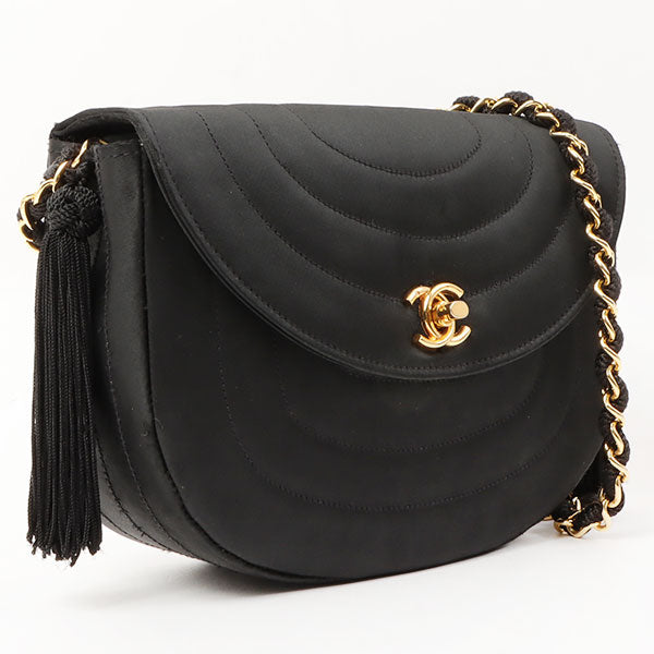 Chanel Silk Satin Round Flap Turn-Lock Fringe Chain Bag Black | Studio Nafay