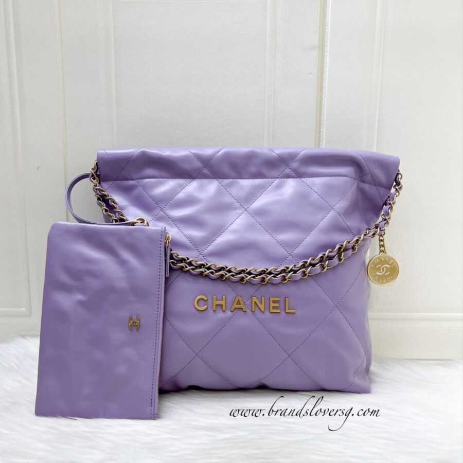 [Local Full Set - Un] Chanel 22 Small Hobo Handbag in 24P Lilac Shiny Calfskin and AGHW (Model: ) | Studio Nafay