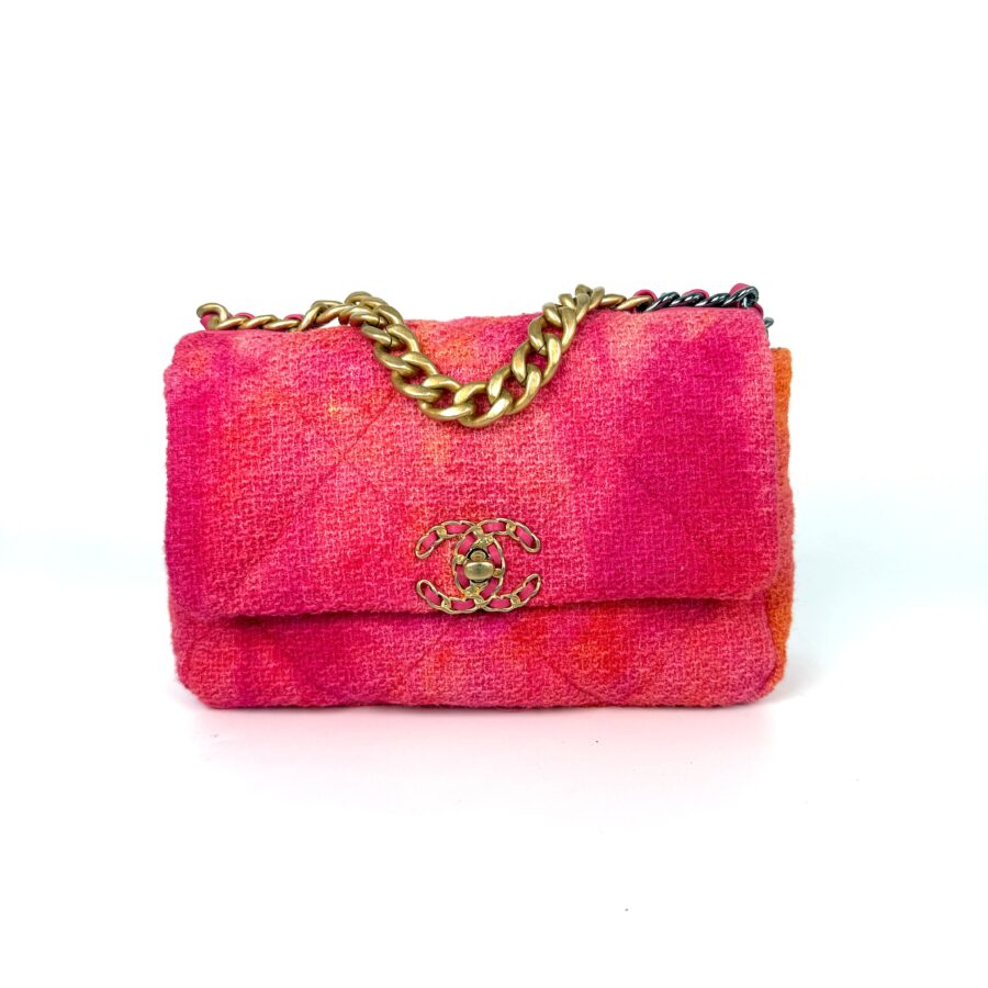 CHANEL 19 Medium Pink Coral Tweed Quilted Gold Hardware Flap Bag | Studio Nafay