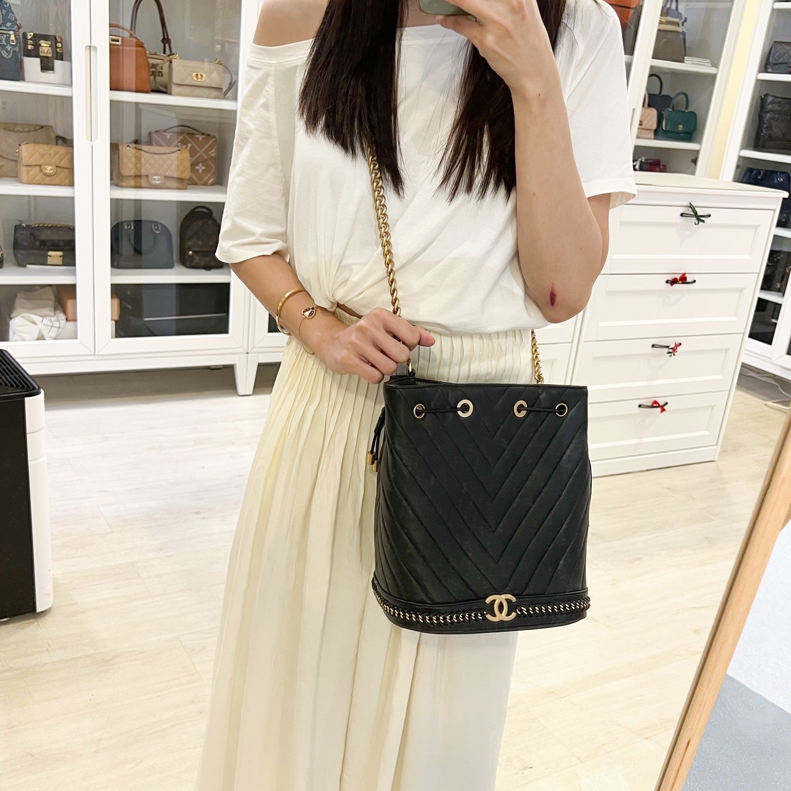 Chanel Chain Around Bucket Bag in Black Chevron Calfskin and AGHW