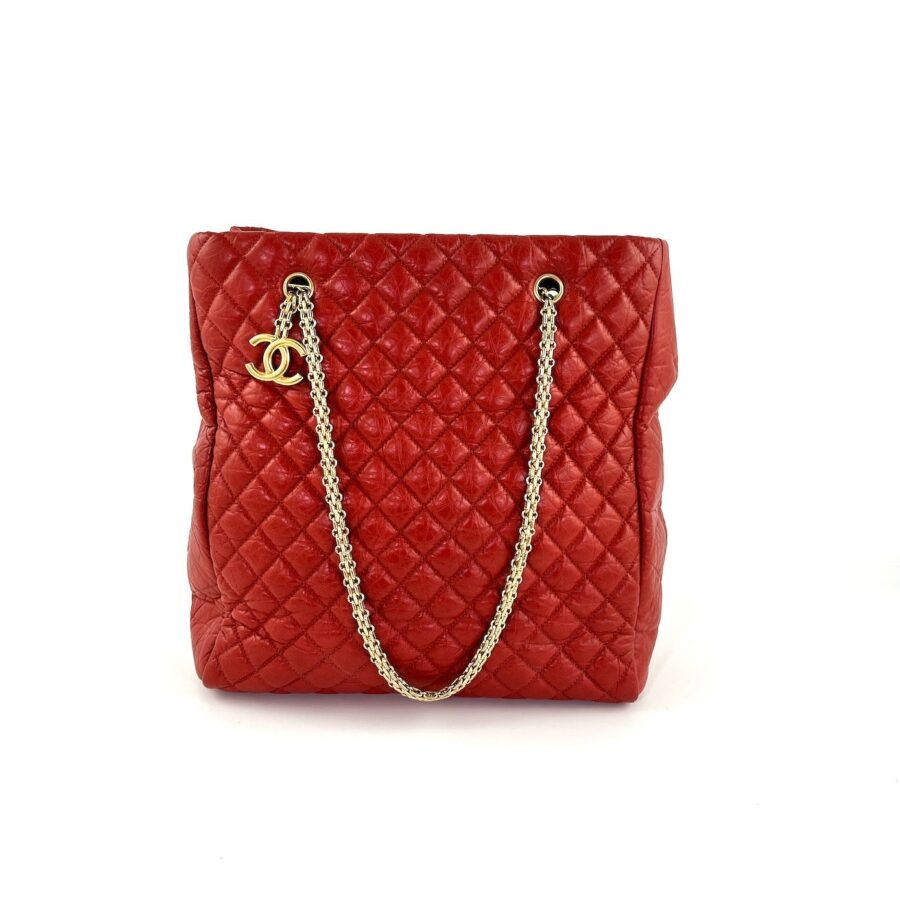 CHANEL Red Quilted North South Chain Leather Tote Bag | Studio Nafay
