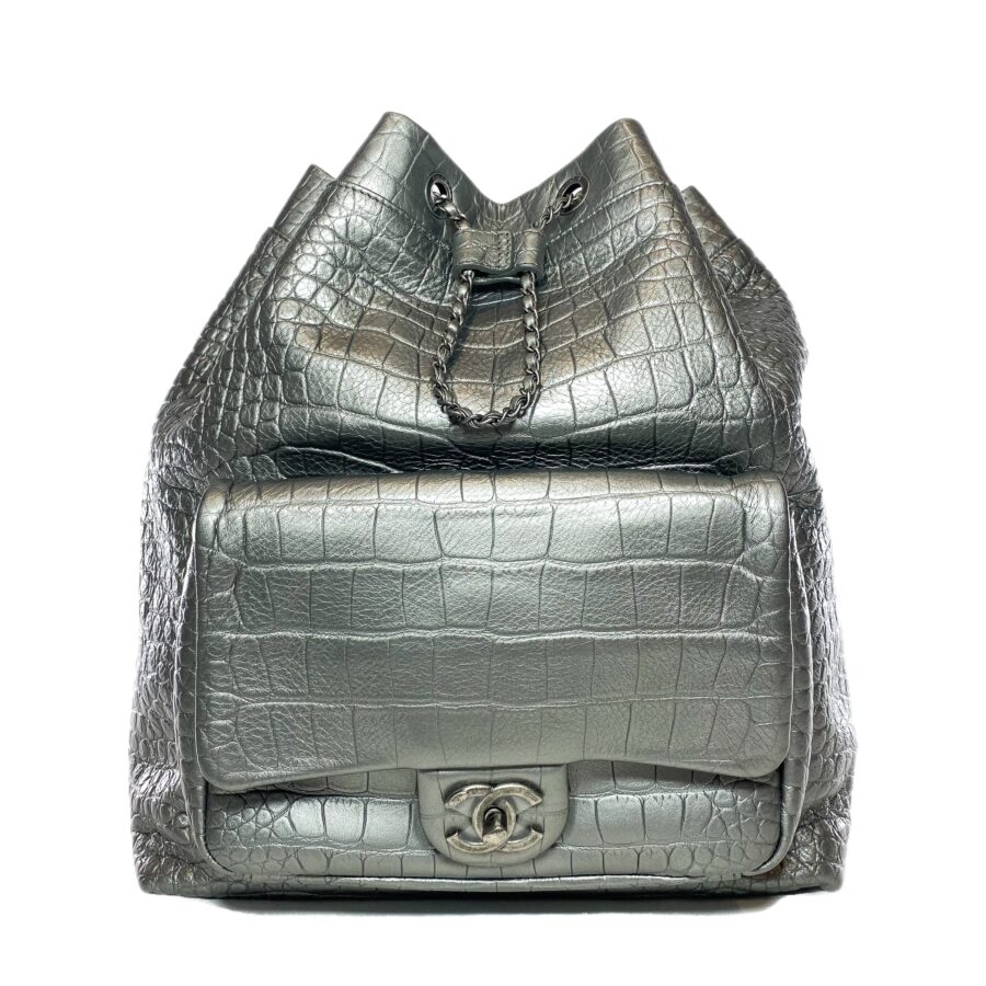 Chanel Silver Metallic Calfskin Crocodile Embossed Backpack | Studio Nafay
