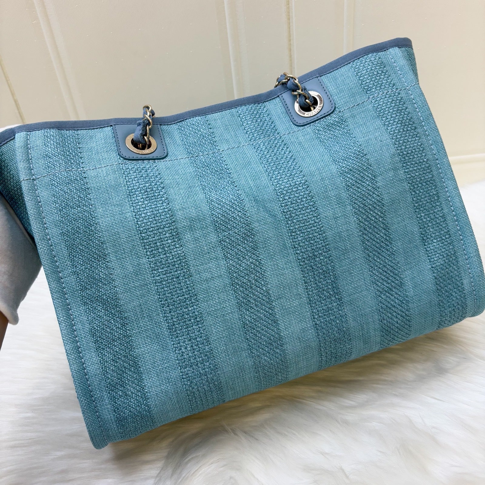 Chanel Small / Medium Deauville Tote in Green / Turquoise Fabric and LGHW (Model: )