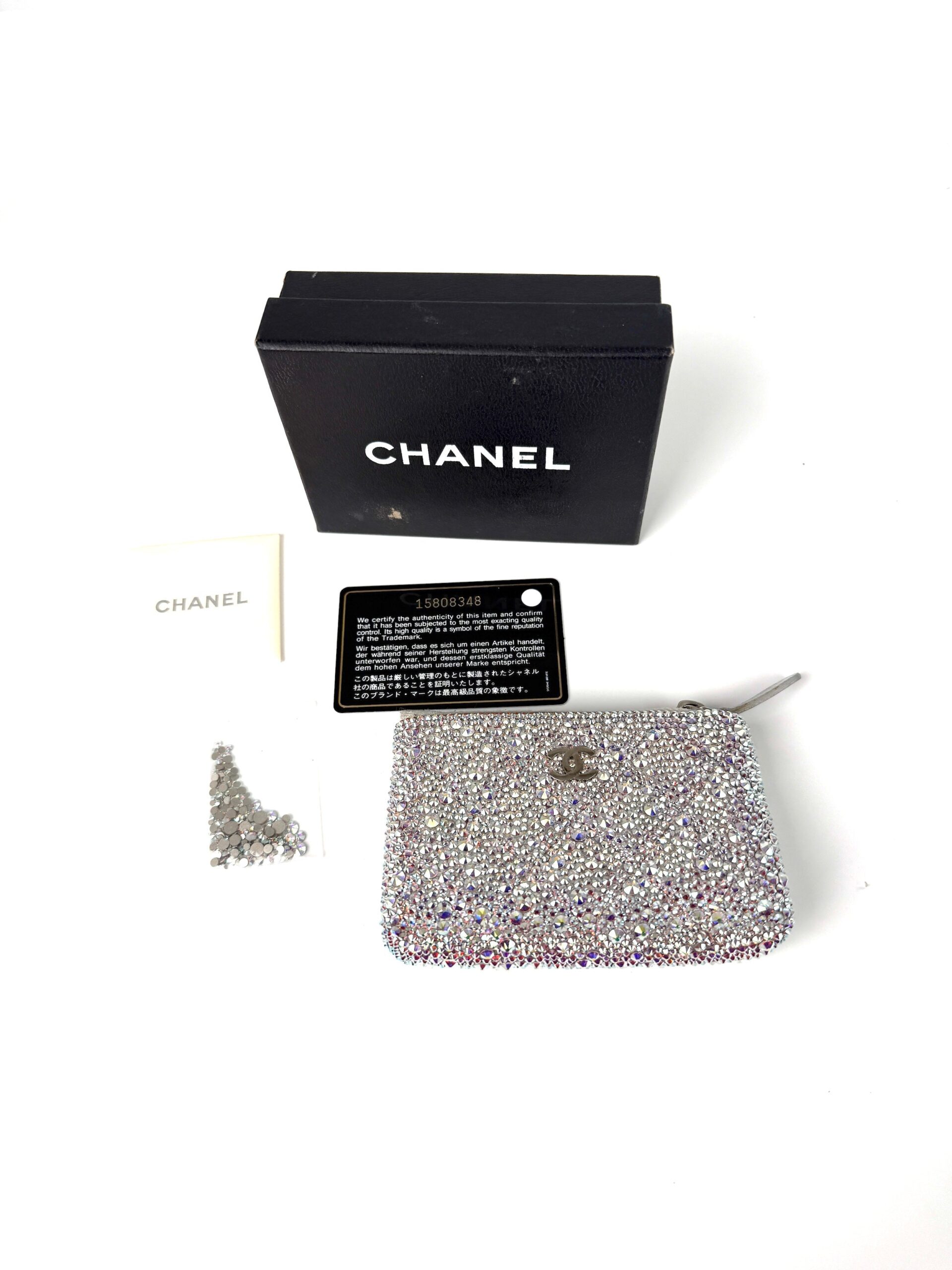 CHANEL Silver Swarovski Crystal Leather Key Pouch Case Holder Clutch