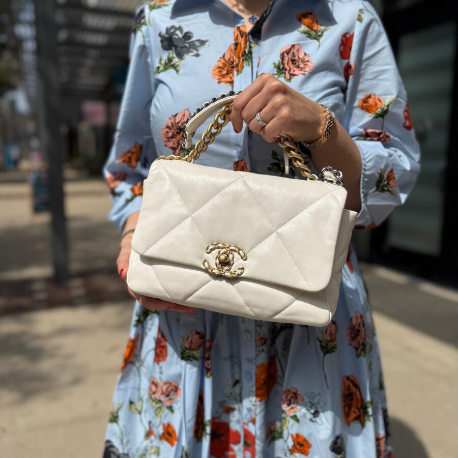CHANEL 19 Medium White Lambskin Gold Hardware Flap Bag | Studio Nafay