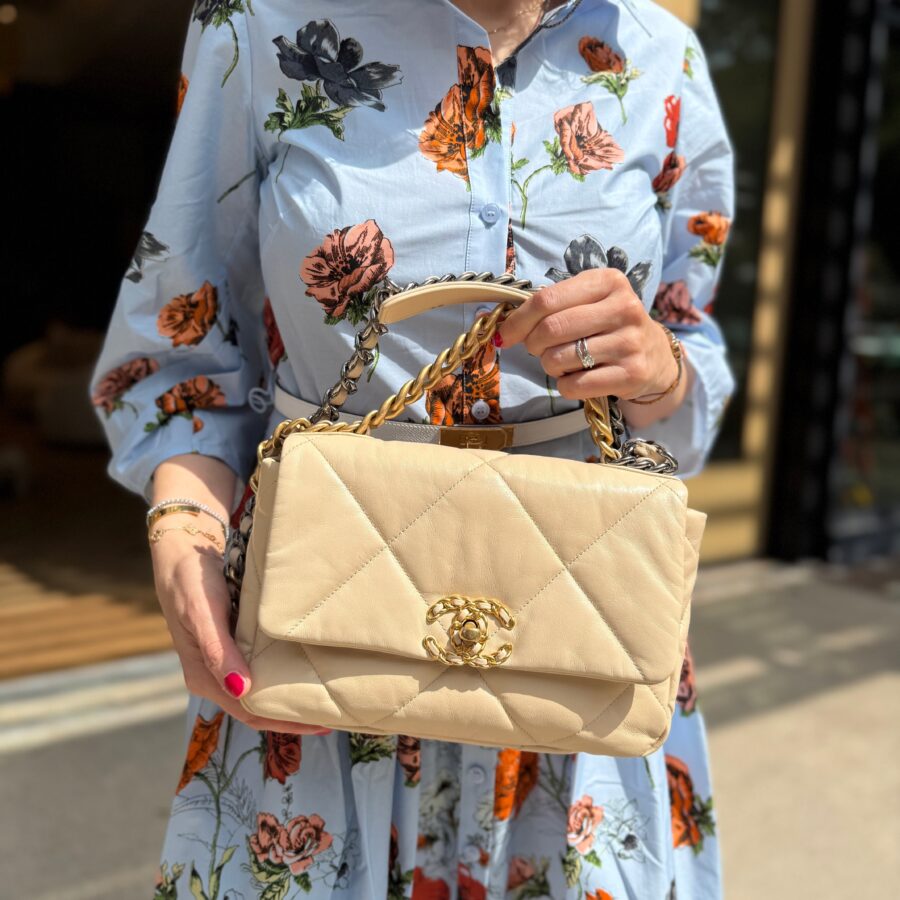 CHANEL 19 Medium Beige Goatskin Gold Hardware Flap Bag | Studio Nafay