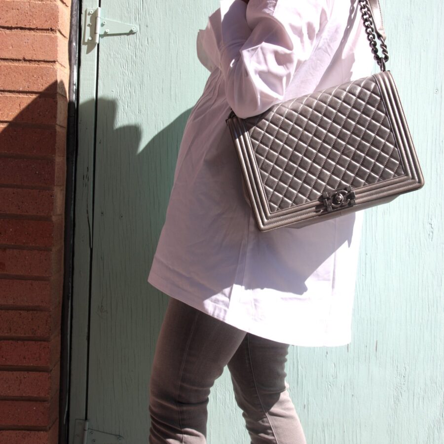 CHANEL Large Metallic Silver Quilted Boy Flap Bag | Studio Nafay