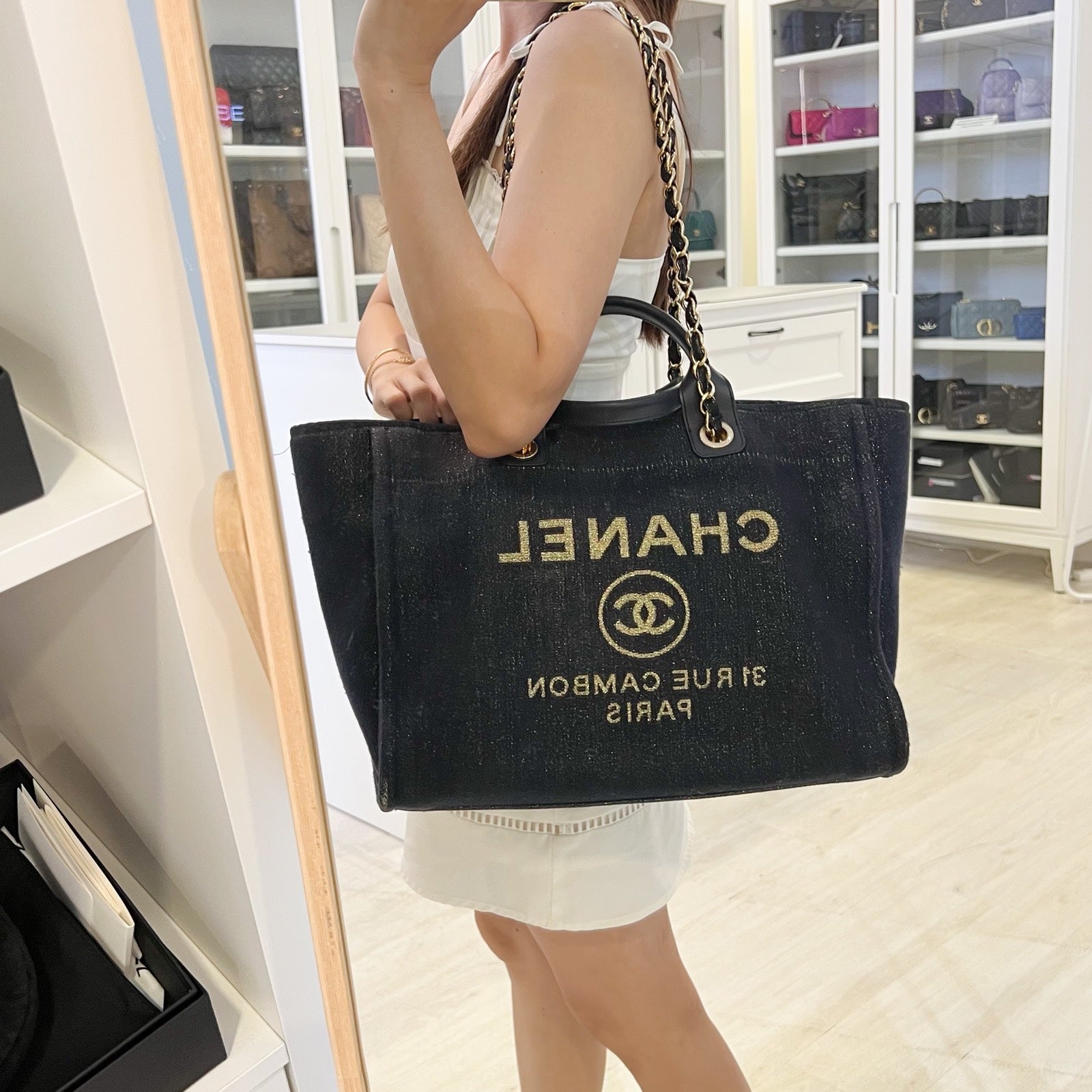 Chanel Large Deauville Tote in Navy Fabric, Glittery Threading and LGHW (Model: )
