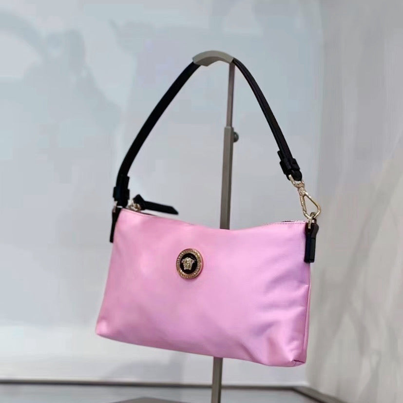 Versace Light Pink Nylon Pouch Shoulder Bag | Studio Nafay