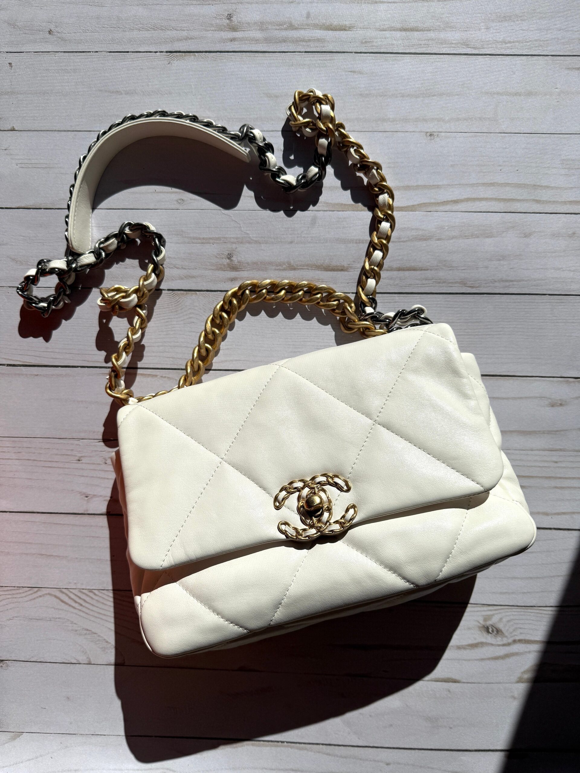 CHANEL 19 Medium White Lambskin Gold Hardware Flap Bag