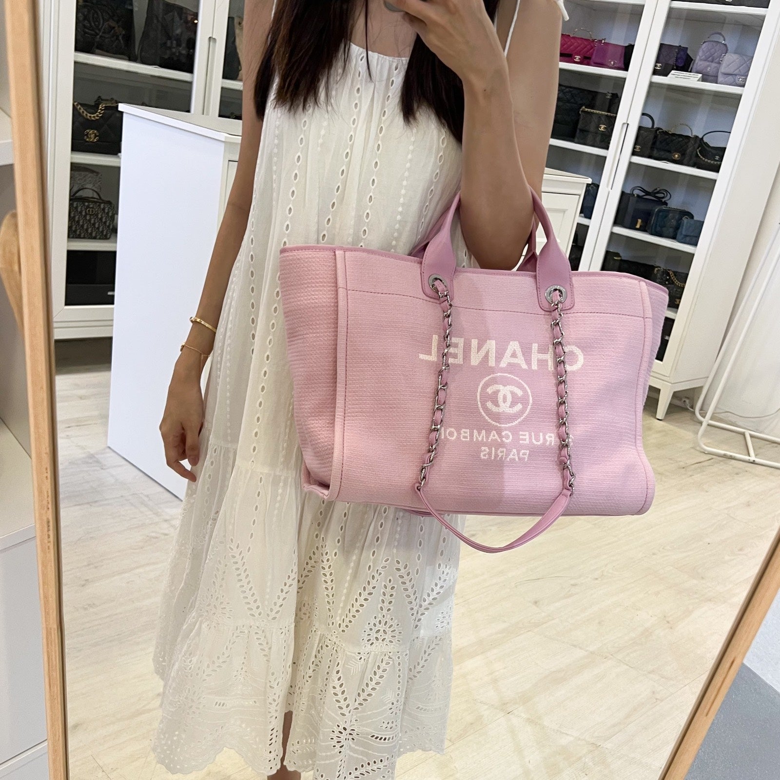 Chanel Medium / Large Deauville Tote in 22S Pink Fabric LGHW