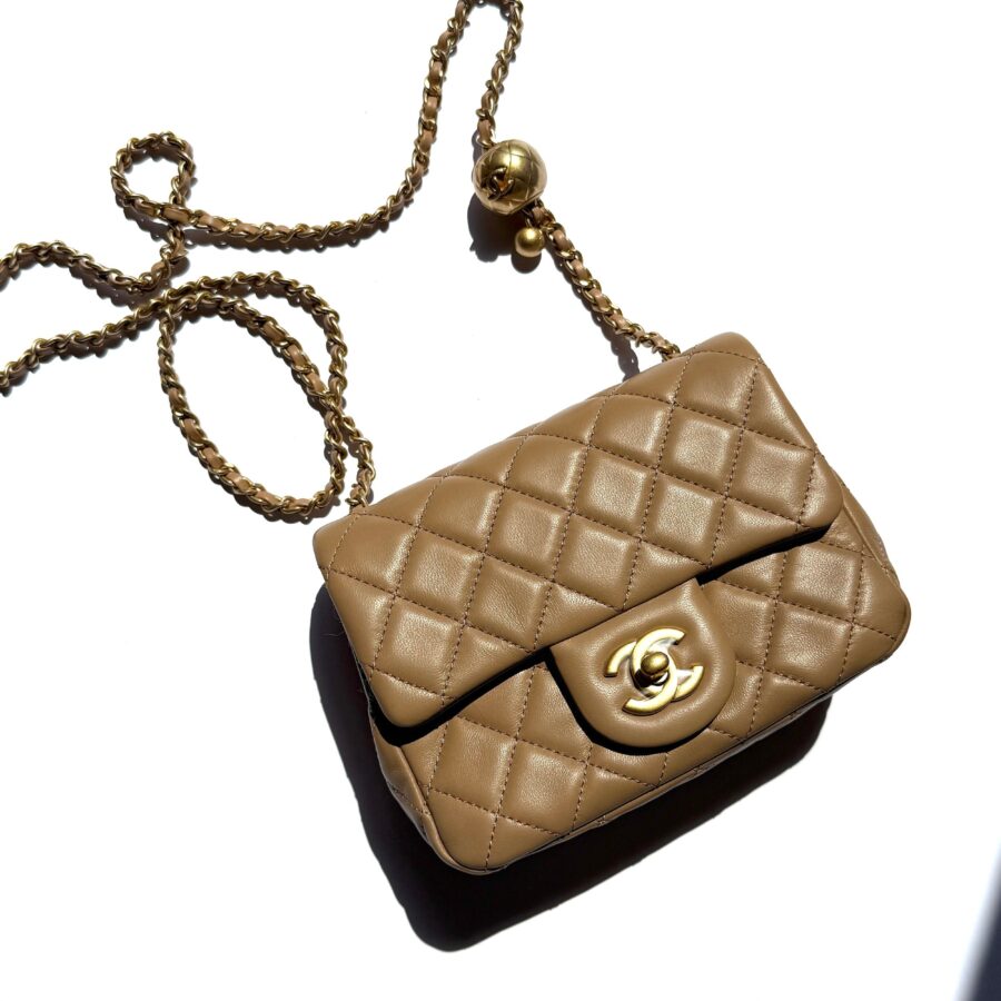 New CHANEL Mini Pearl Crush Lambskin Quilted Dark Beige Flap Crossbody Bag | Studio Nafay