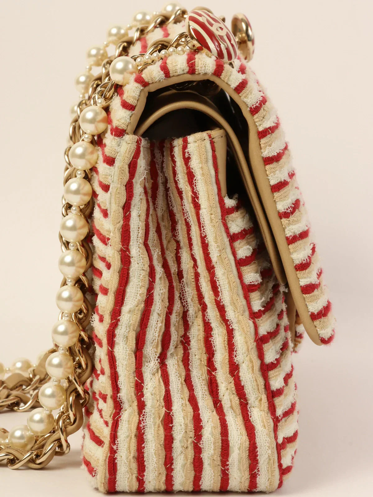 Chanel Around Made Cotton Striped Classic New Chain Bag Beige/Red/White