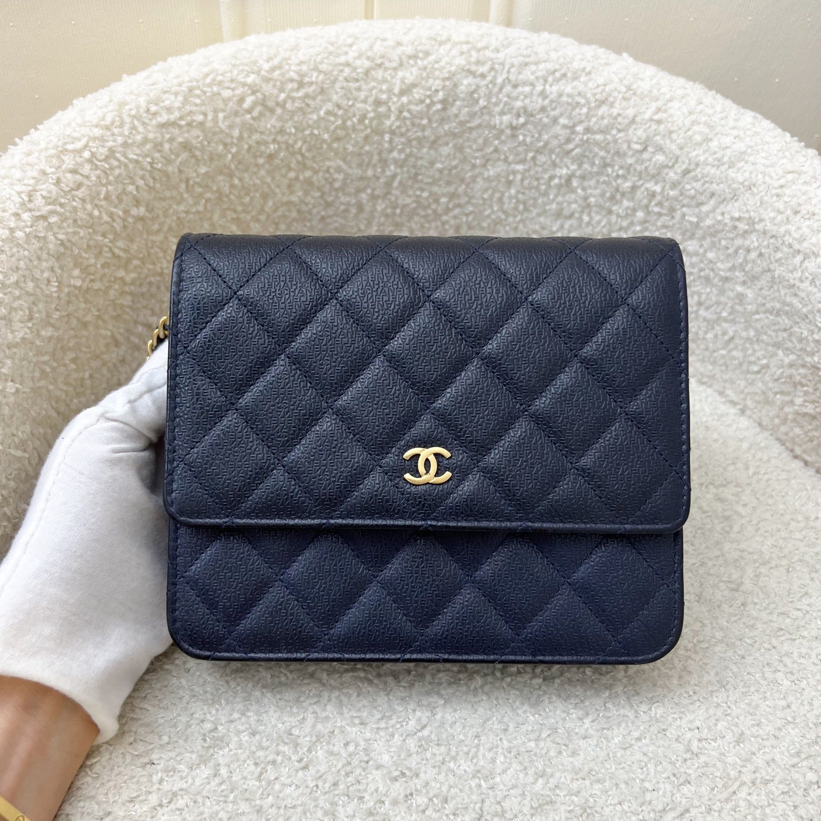 Chanel Square Wallet on Chain WOC in Navy Embossed Calfskin and AGHW (Model: ) Crossbody