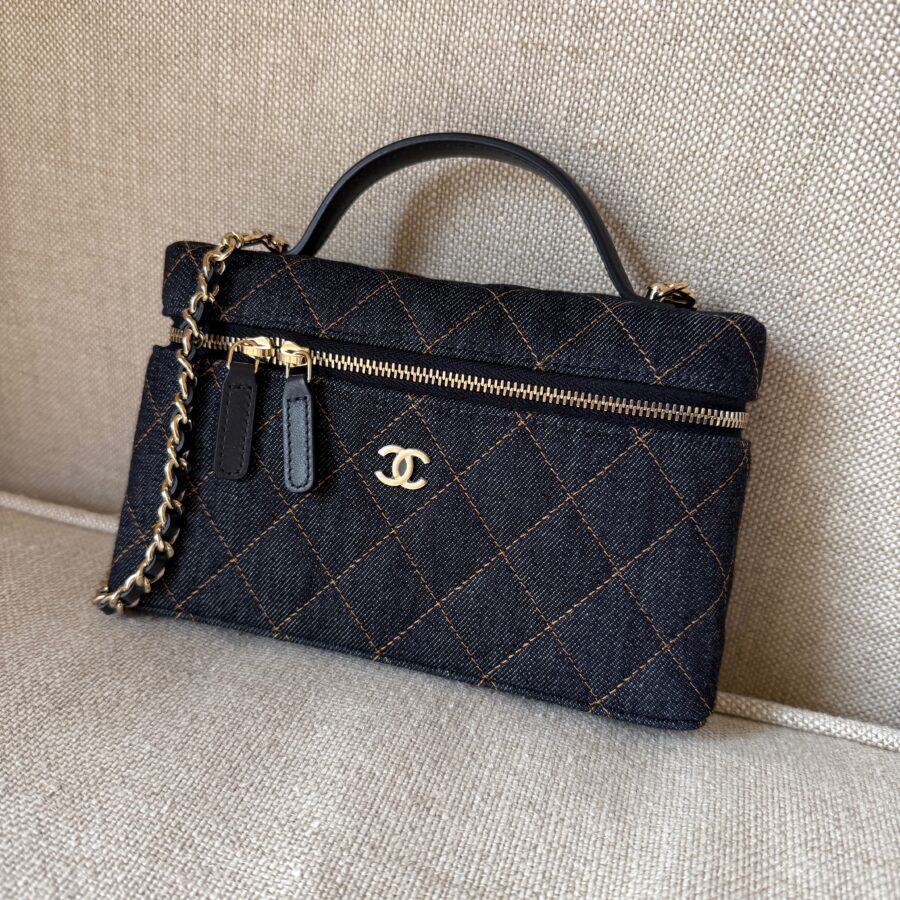 CHANEL Long Classic Vanity Dark Quilted Zip Top Handle Crossbody with Chain Bag New | Studio Nafay
