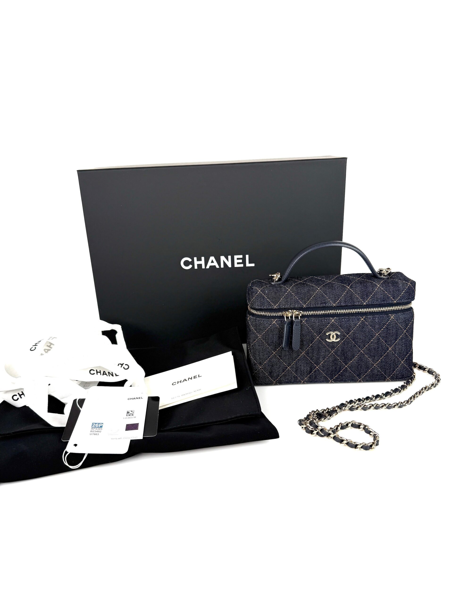 CHANEL Long Classic Vanity Dark Quilted Zip Top Handle Crossbody with Chain Bag New