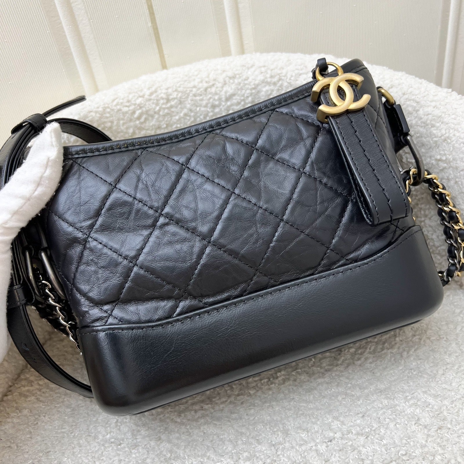 Chanel Small Gabrielle Hobo in Black Distressed Calfskin and 3 tone Hardware Shoulder Bag