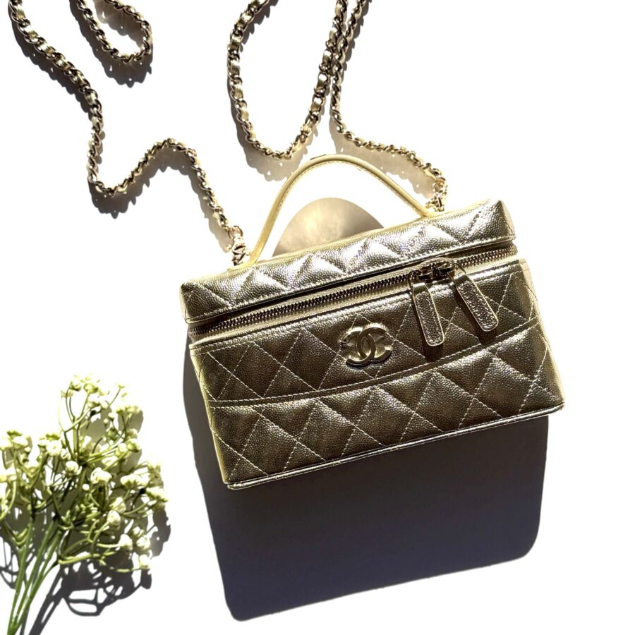 CHANEL Long Classic Vanity Light Gold Caviar Quilted Zip Top Handle Crossbody with Chain Bag New | Studio Nafay
