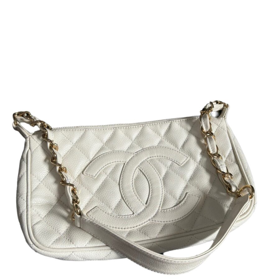 Chanel Clutch Shoulder Bag White Caviar Leather Gold Hardware | Studio Nafay