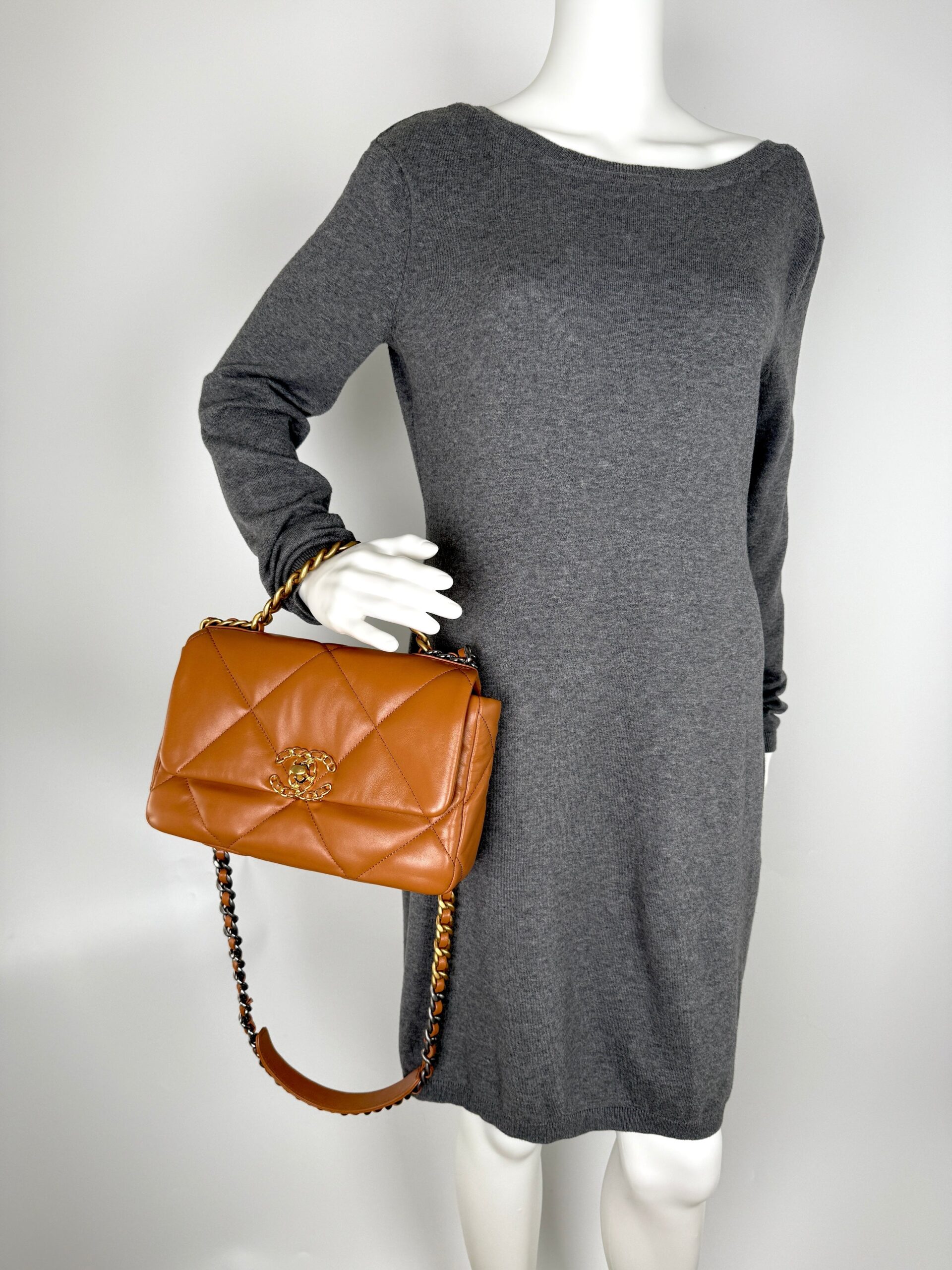 CHANEL 19 Small Carmel Brown Lambskin Gold Hardware Flap Bag