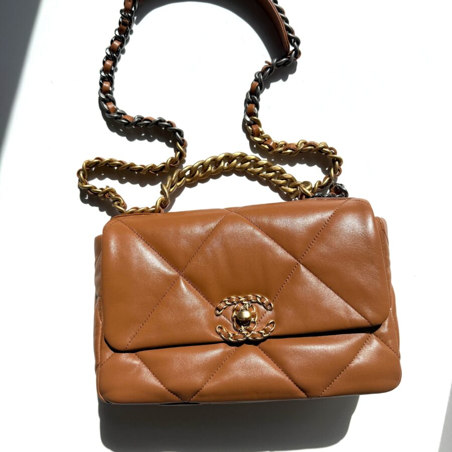 CHANEL 19 Small Carmel Brown Lambskin Gold Hardware Flap Bag | Studio Nafay