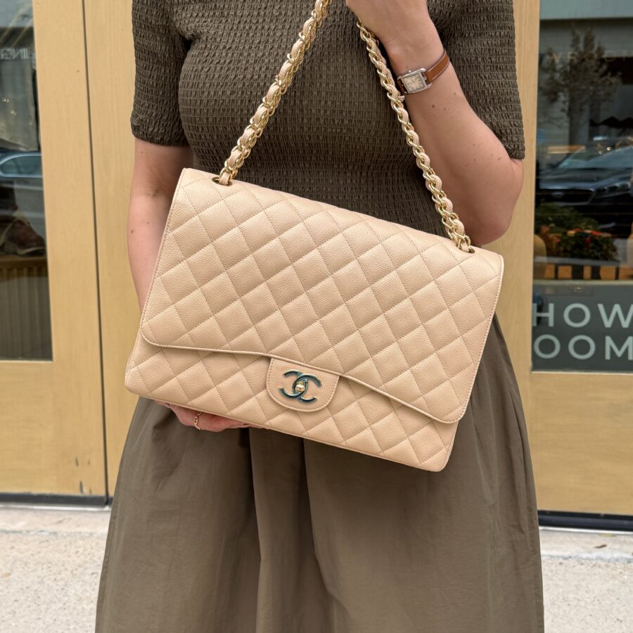 CHANEL Maxi Jumbo Beige Clair Quilted Caviar Leather Classic Flap Bag | Studio Nafay