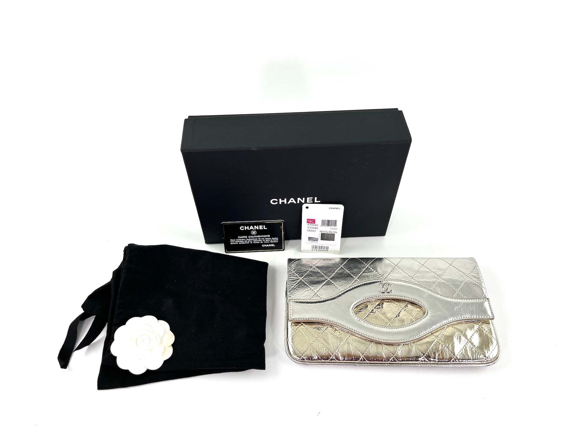 CHANEL Silver Gold Metallic Quilted 31 O Case Flap Clutch Bag