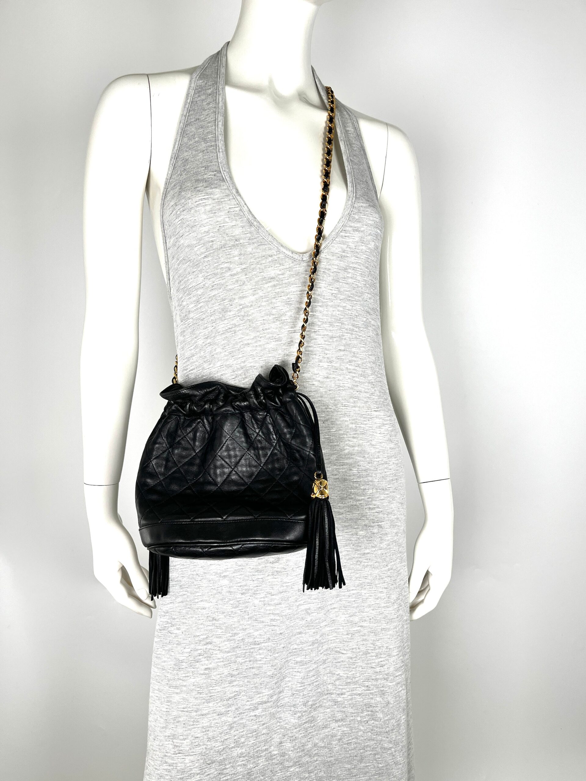CHANEL 24k Gold Black Lambskin Leather Quilted Bucket Shoulder Bag