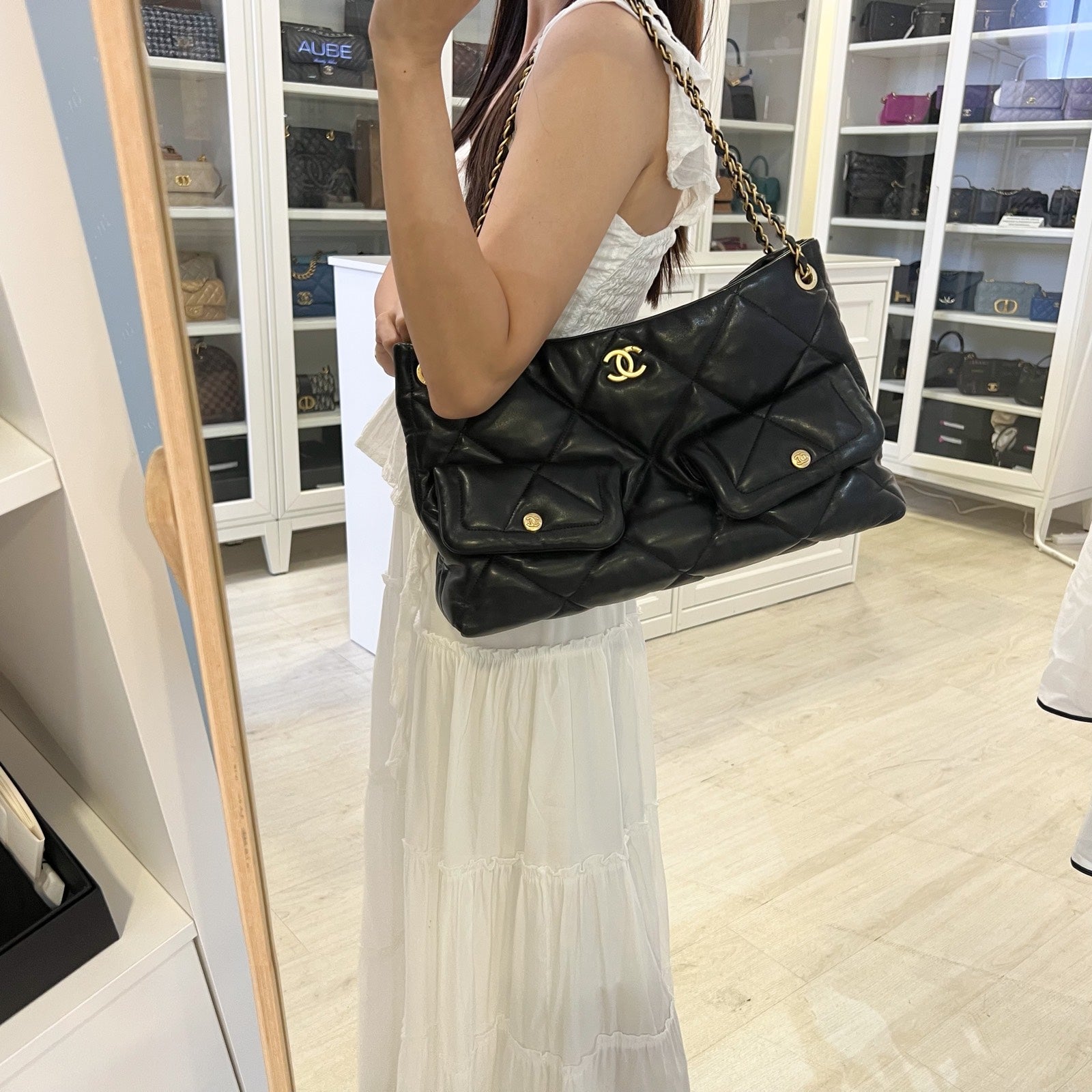 [Brand New – Oct ] Chanel 25K Shoulder Shopping Bag in Black Lambskin and AGHW