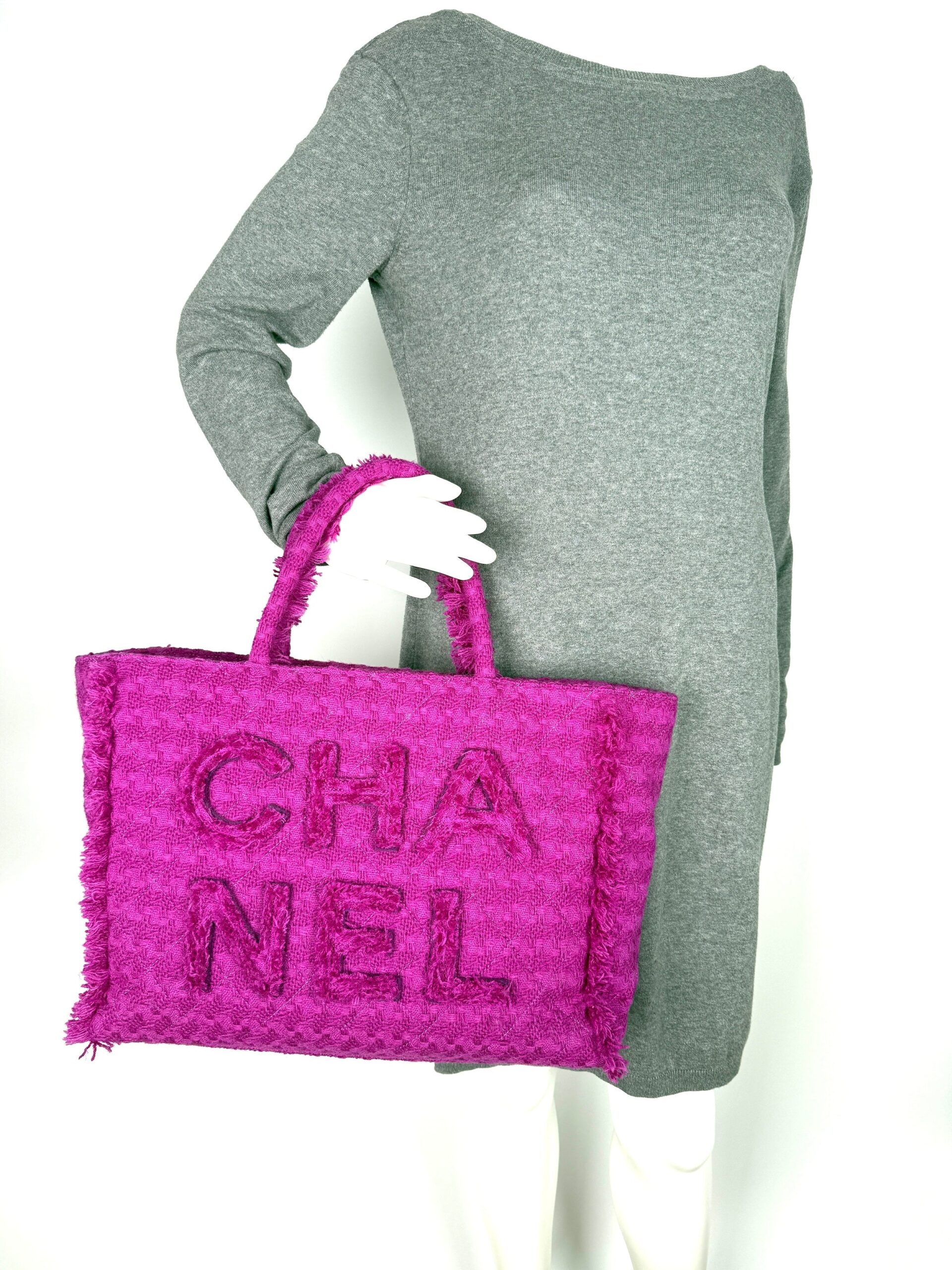 CHANEL Wool Tweed Giant Logo Pink Zip Shopping Tote