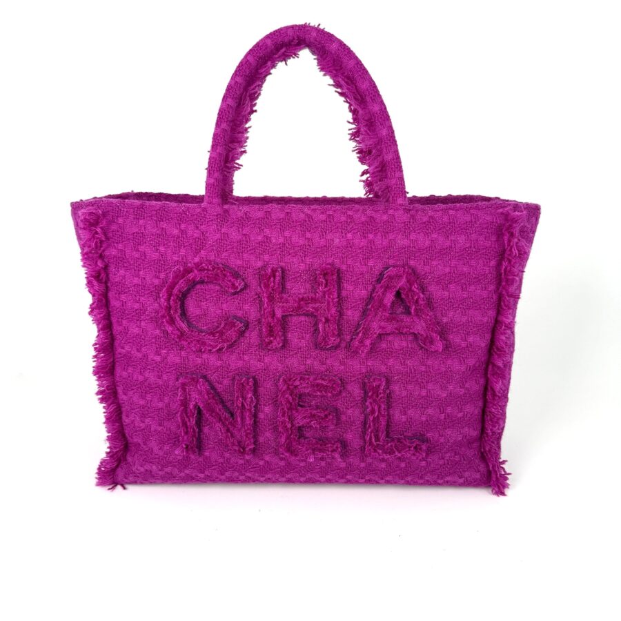 CHANEL Wool Tweed Giant Logo Pink Zip Shopping Tote | Studio Nafay