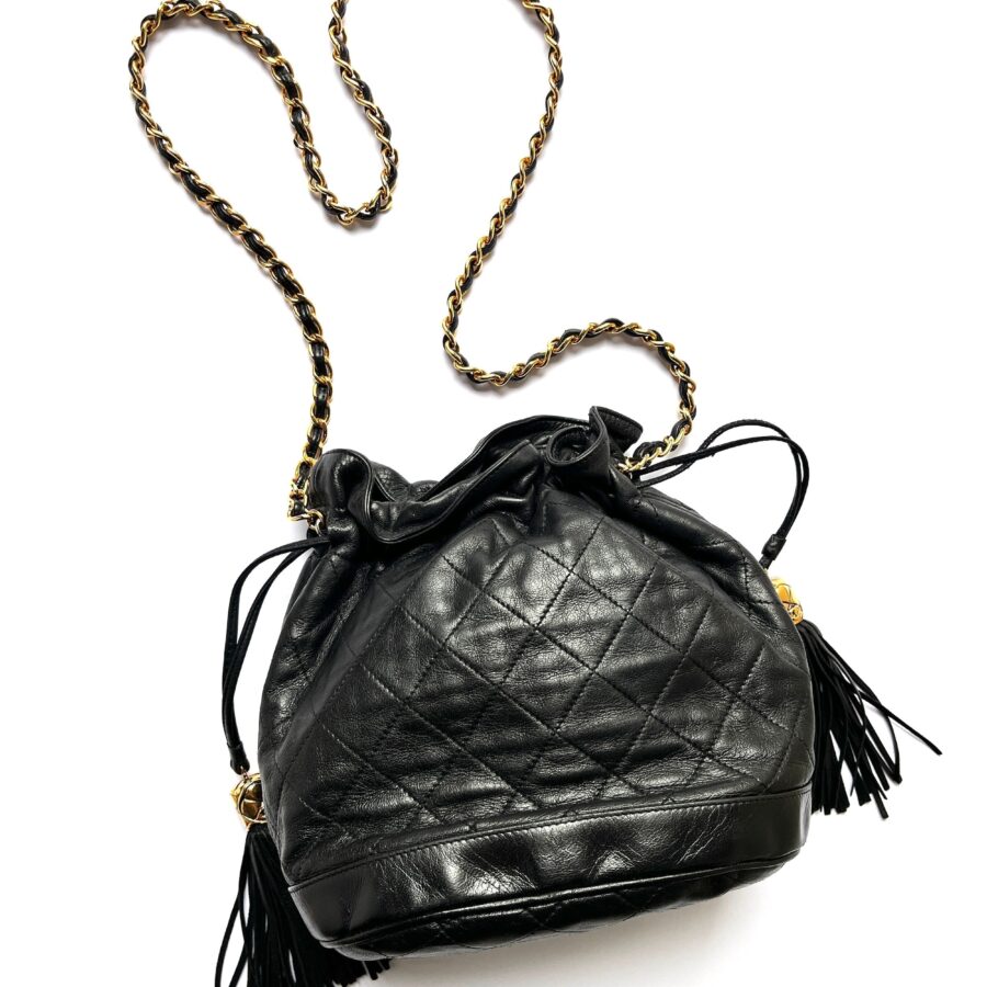 CHANEL 24k Gold Black Lambskin Leather Quilted Bucket Shoulder Bag | Studio Nafay