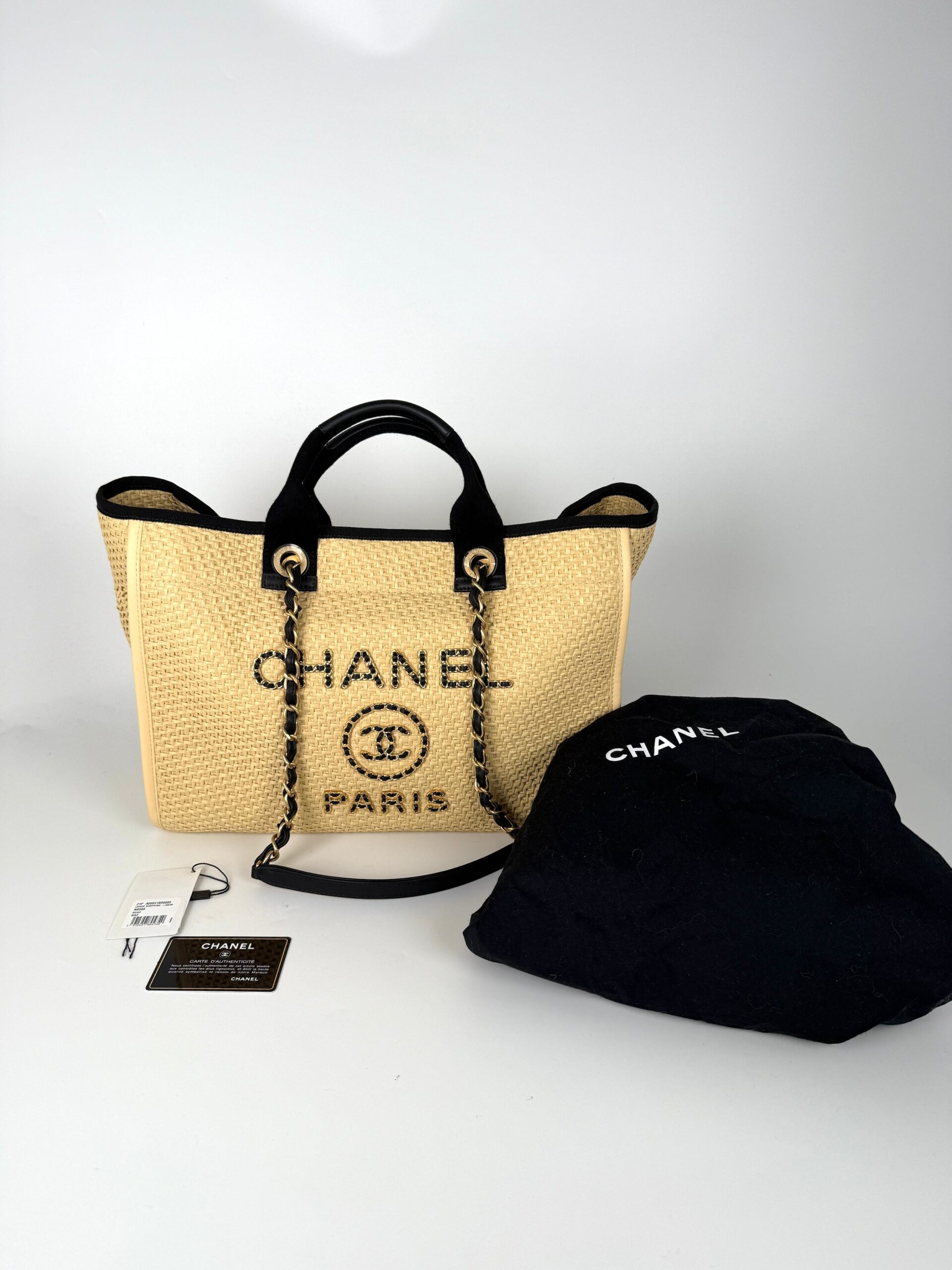 CHANEL Deauville Straw Raffia Calfskin Beige Medium Shopping Tote