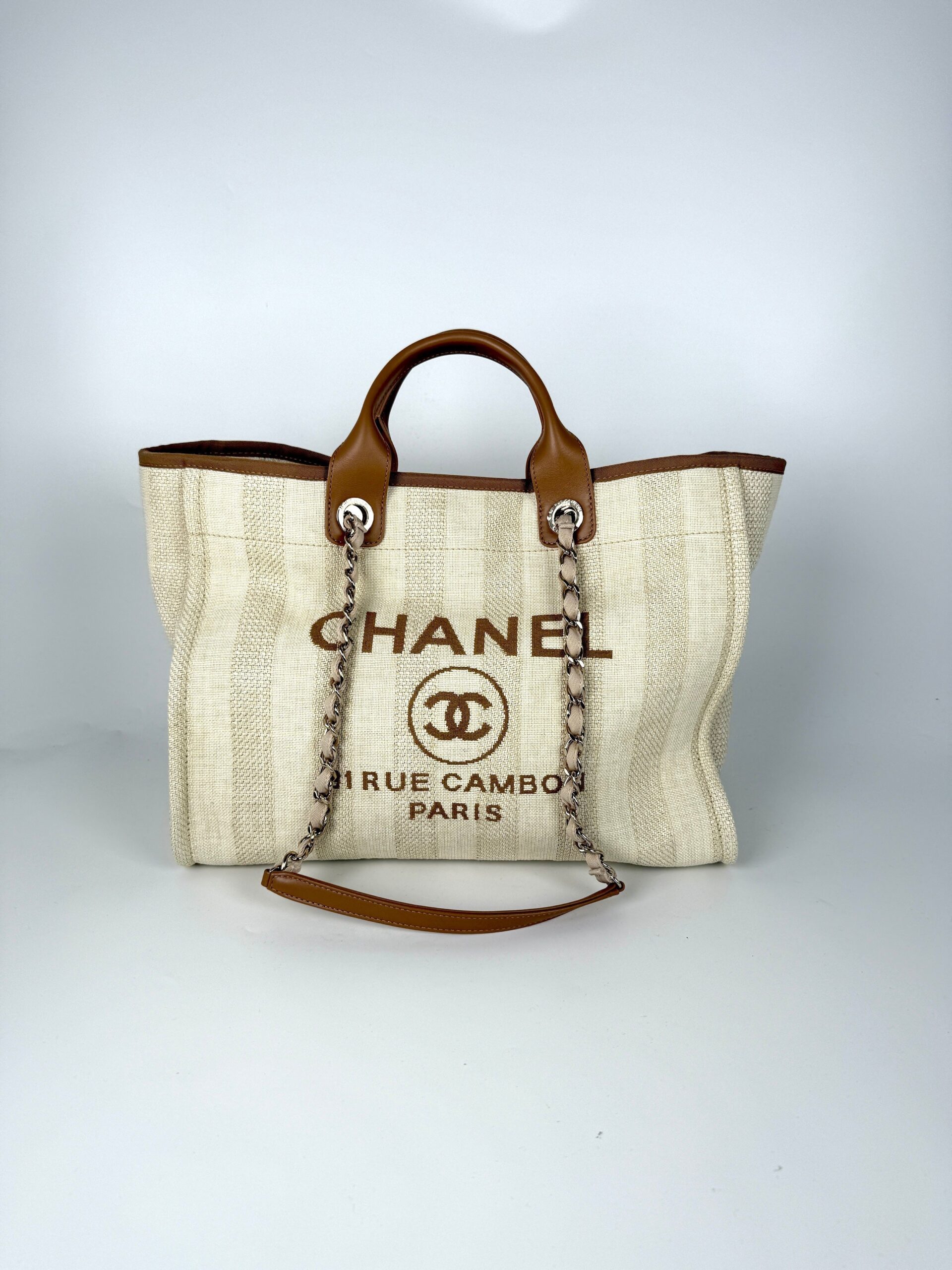 CHANEL Deauville Striped Medium Straw Raffia Beige Tan Shopping Tote