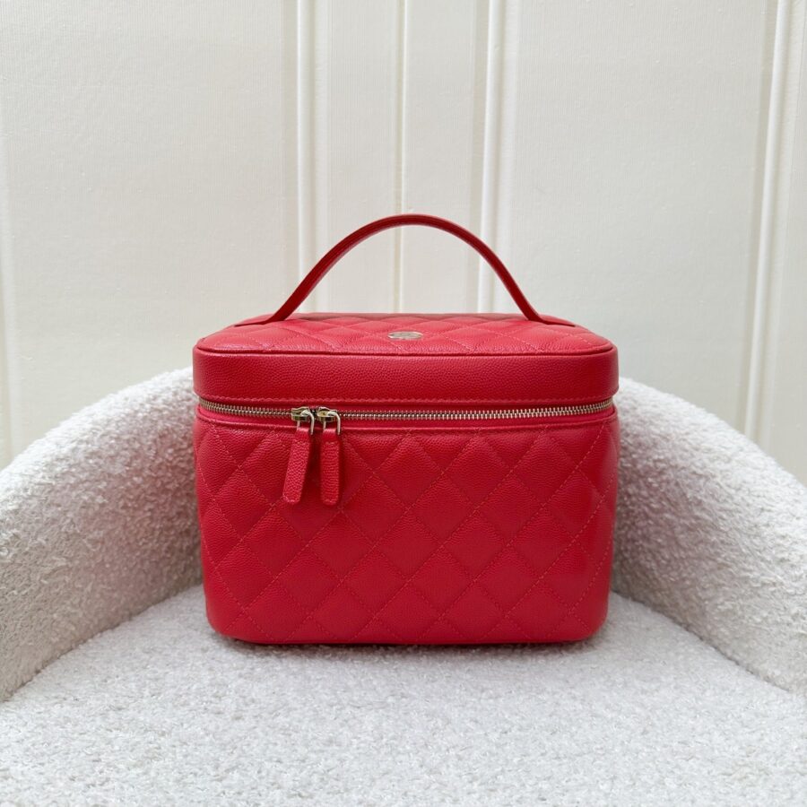 Chanel Top Handle Vanity Case in Raspberry Red Caviar LGHW Handbag | Studio Nafay