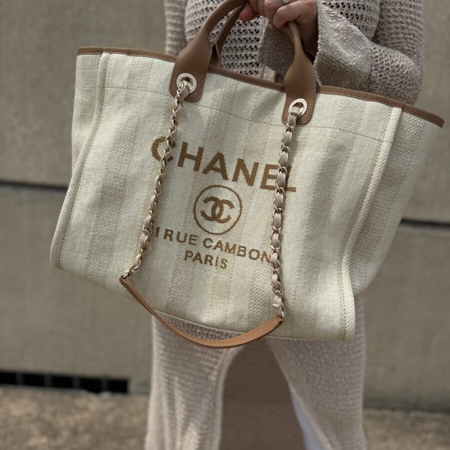 CHANEL Deauville Striped Medium Straw Raffia Beige Tan Shopping Tote | Studio Nafay