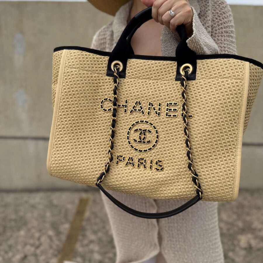 CHANEL Deauville Straw Raffia Calfskin Beige Medium Shopping Tote | Studio Nafay