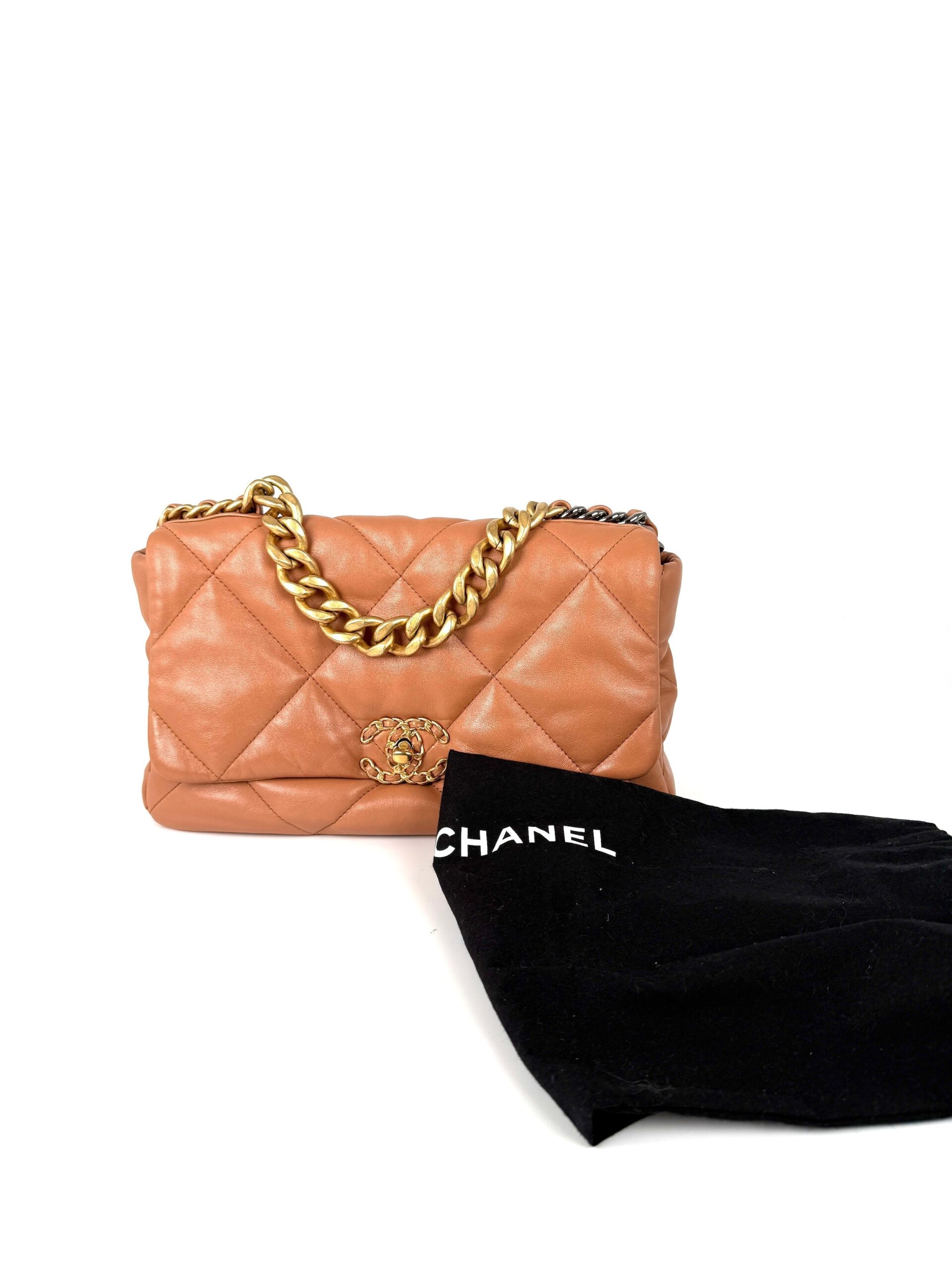 CHANEL 19 Large Brown Quilted Gold Hardware Flap Bag